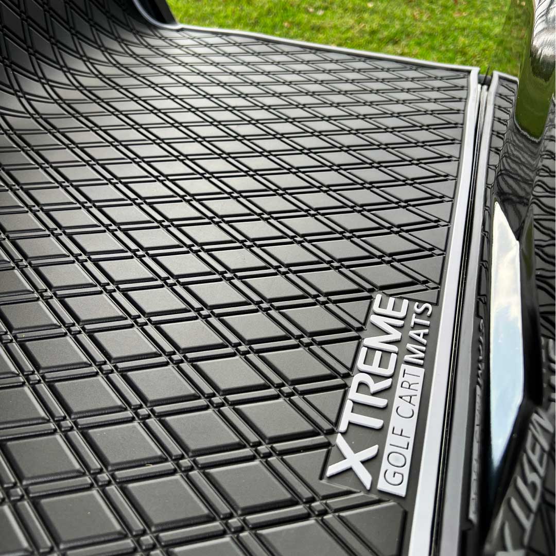ICON and Advanced EV golf cart floor mat black diamond design with grey trim full coverage