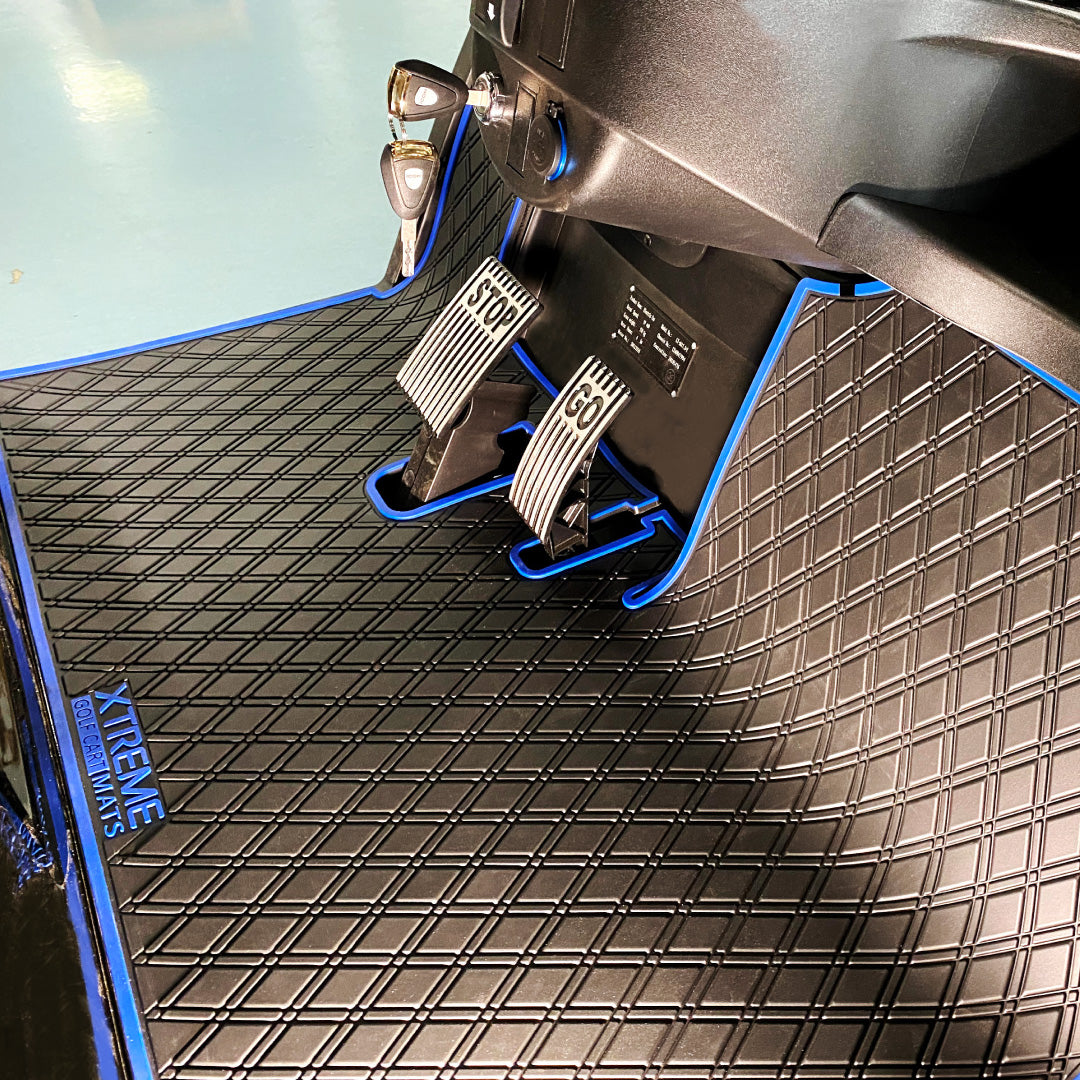 ICON and Advanced EV golf cart floor mat black diamond design with blue trim full coverage