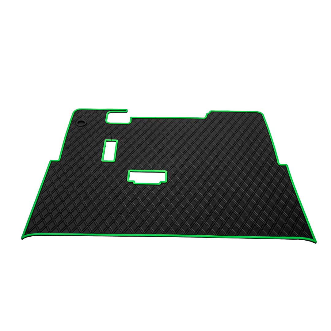 E-Z-GO TXT golf cart floor mat black diamond design with green trim full coverage- E-Z-GO TXT Floor Mats - Fits All TXT Trims (1996+)/S2 (2020 & earlier) / Workhorse/Express S4 (2020 & earlier)/Valor (2022 & earlier)/Medalist 1993-1995/Cushman/TXT Style Navitas Frame