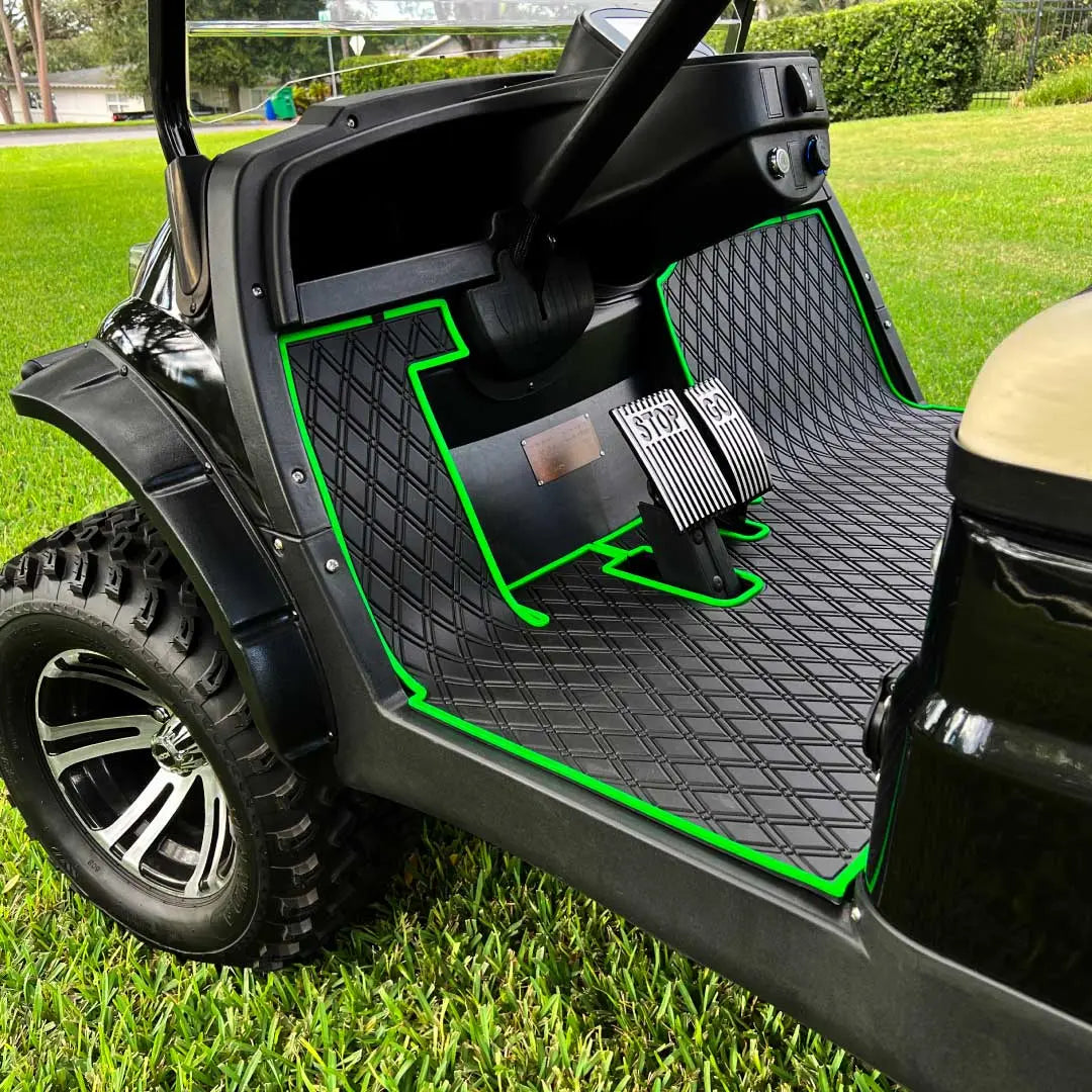 ICON and Advanced EV golf cart floor mat black diamond design with green trim full coverage