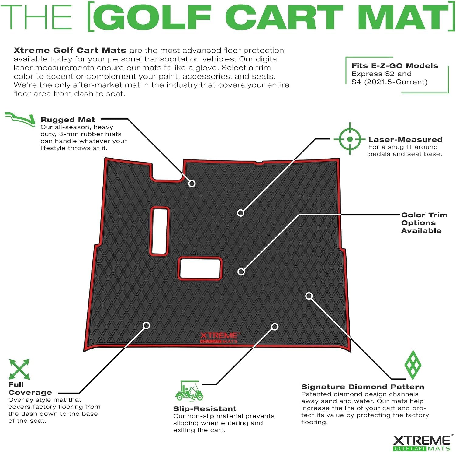 Golf Cart Floor Mat Compatible 2021+ EZGO S2/S4 & Cushman Hauler -Red Trim
