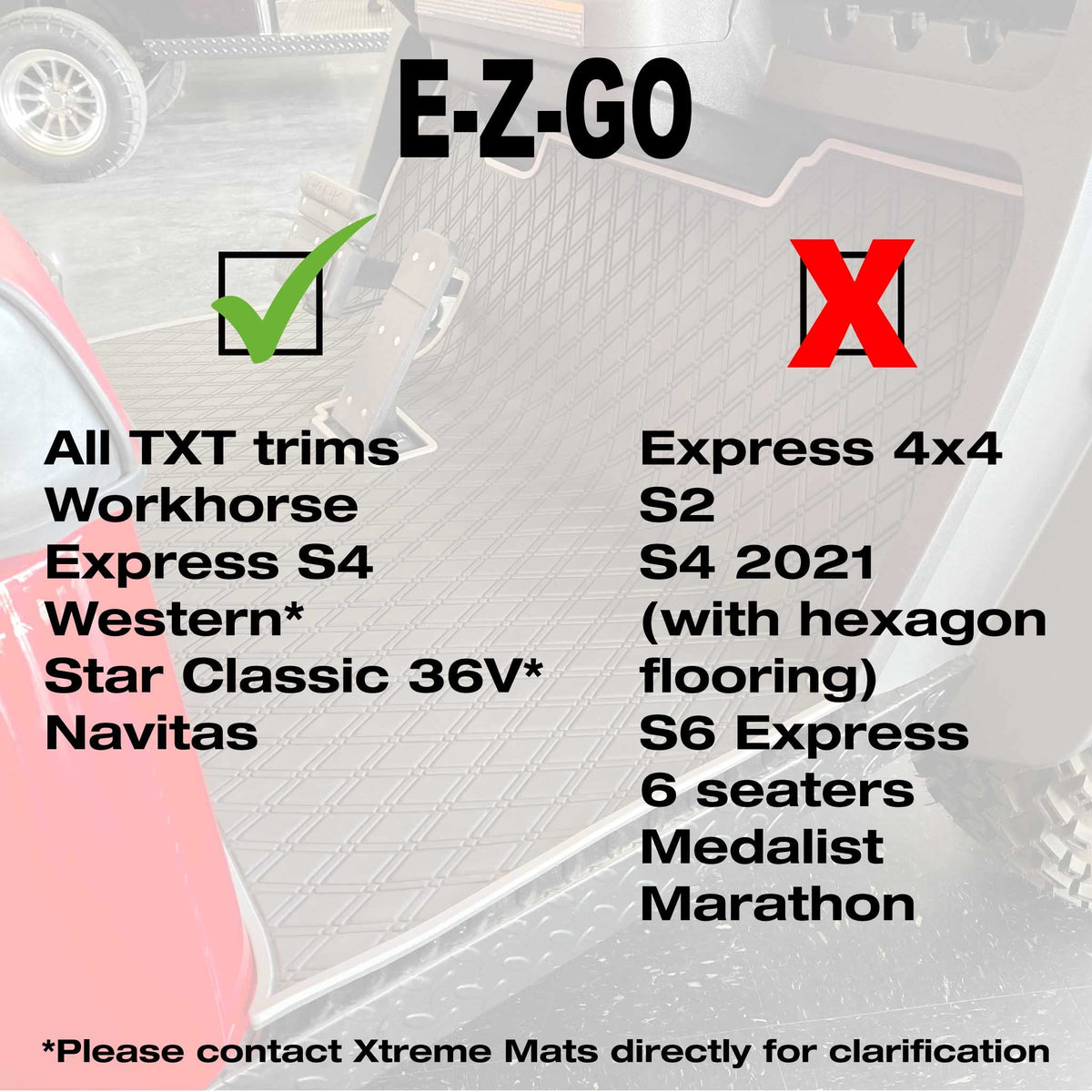 E-Z-GO TXT Floor Mats - Fits All TXT Trims (1996+)/S2 (2020 & earlier) / Workhorse/Express S4 (2020 & earlier)/Valor (2022 & earlier)/Medalist 1993-1995/Cushman/TXT Style Navitas Frame