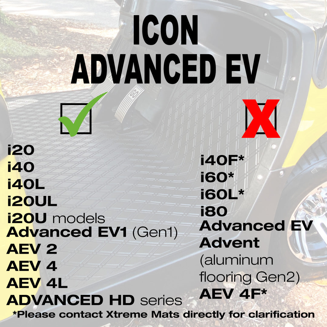 ICON and Advanced EV golf cart floor mat black diamond design with grey trim full coverage 
