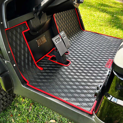 ICON and Advanced EV golf cart floor mat black diamond design with red trim full coverage 
