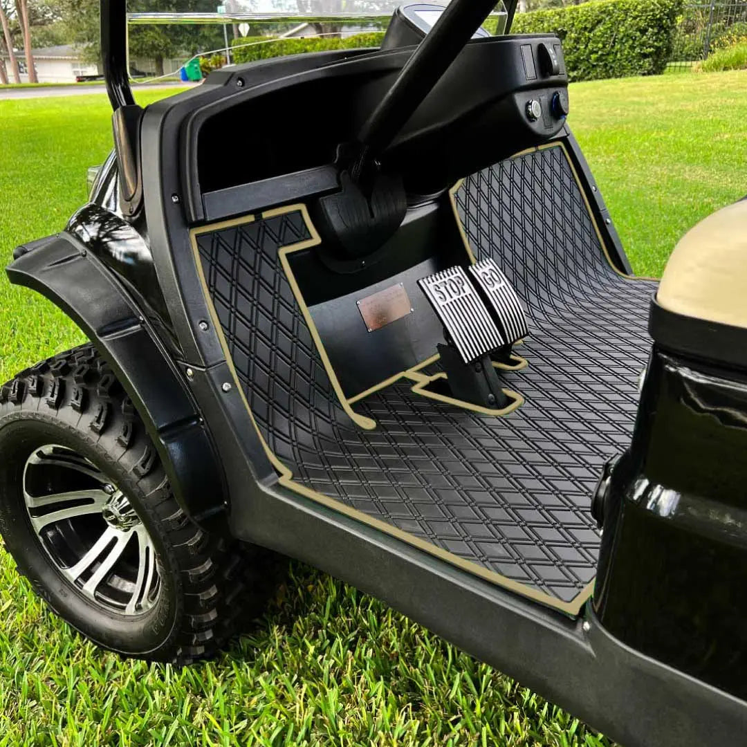ICON and Advanced EV golf cart floor mat black diamond design with beige trim full coverage #trim-color_beige-trim