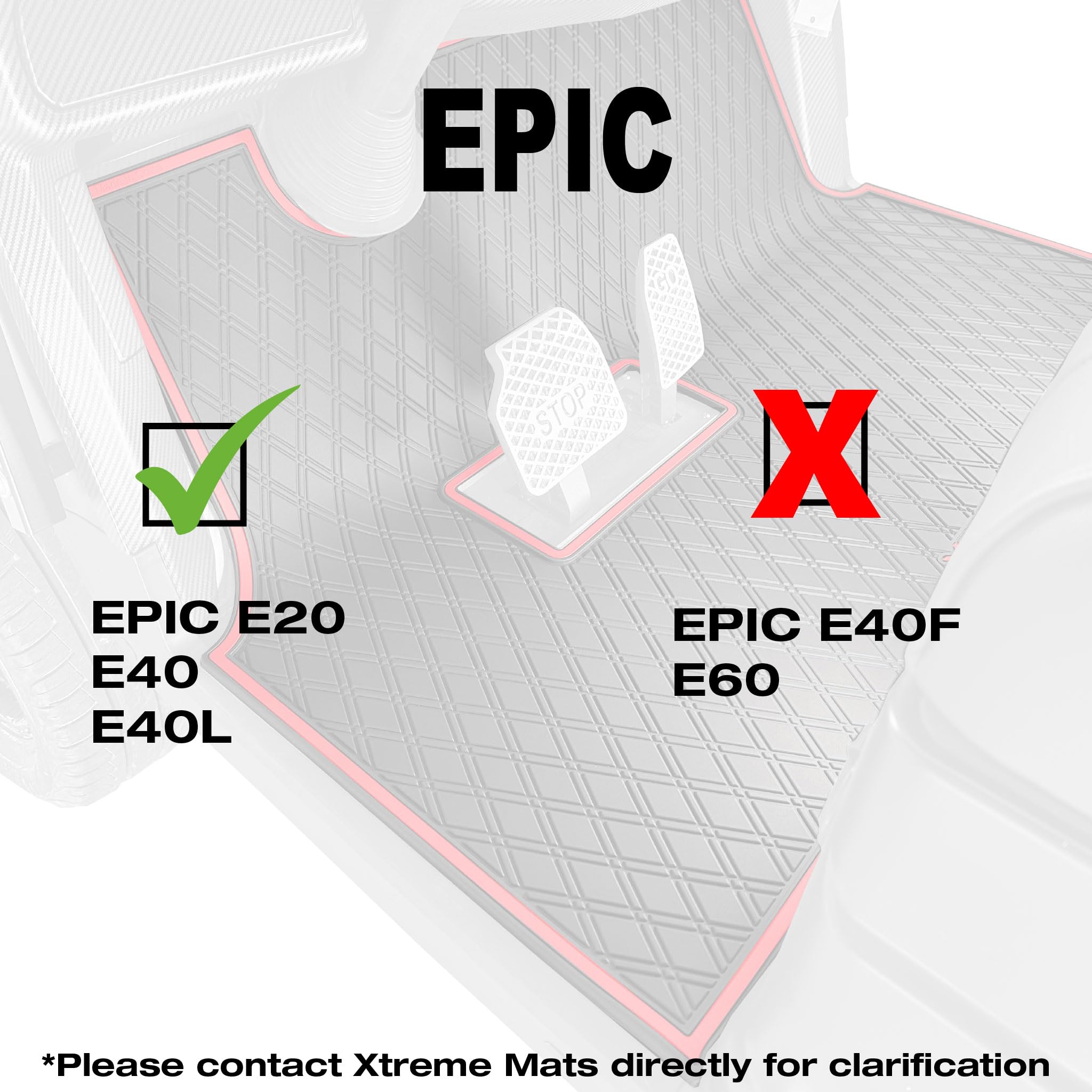 Rubber Golf Cart Floor Mat Compatible with Epic E20 & E40 Golf Cart Models | Durable Heavy-Duty Full Coverage Liner Protection | Double Diamond Pattern - Red Trim