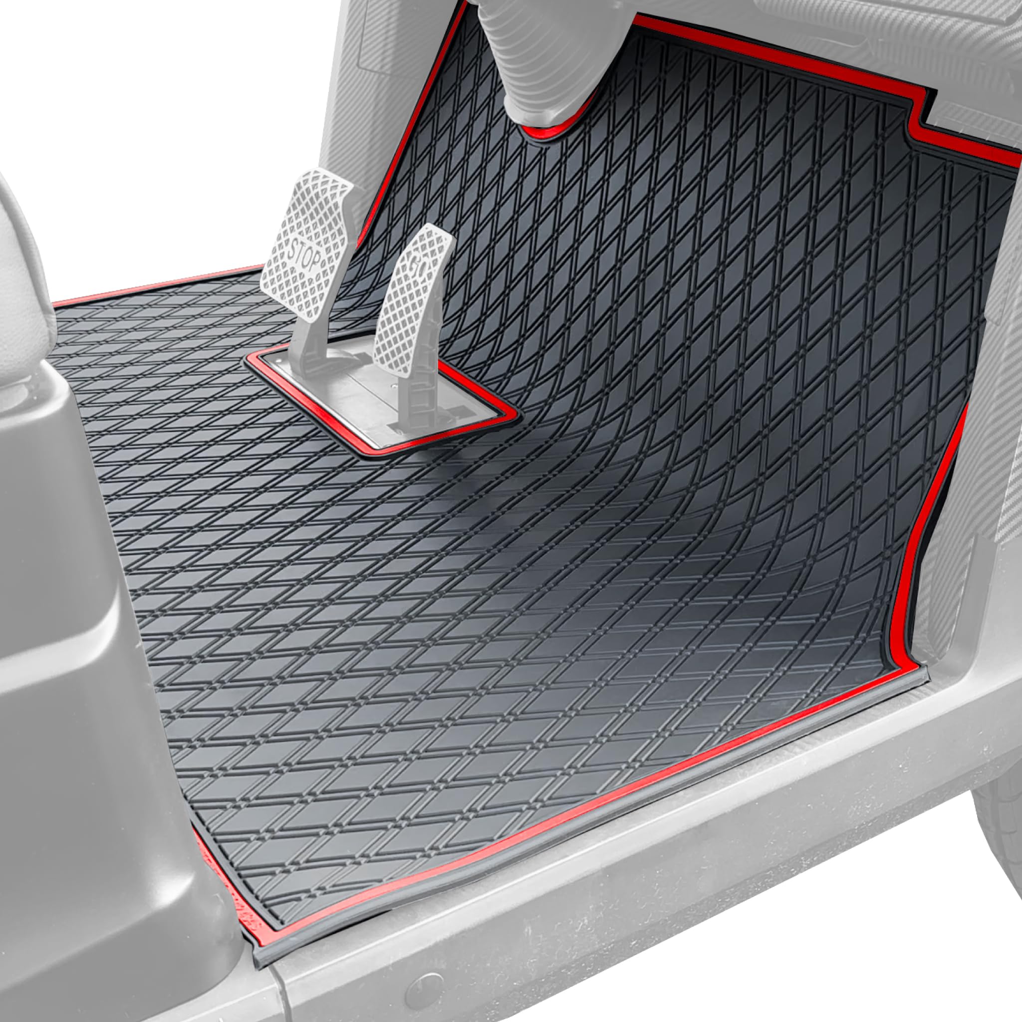 Rubber Golf Cart Floor Mat Compatible with Epic E20 & E40 Golf Cart Models | Durable Heavy-Duty Full Coverage Liner Protection | Double Diamond Pattern - Red Trim